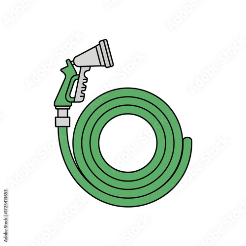 Simple graphic illustration of a coiled green garden hose with an attached spray nozzle, essential equipment for watering plants and maintaining a vibrant garden
