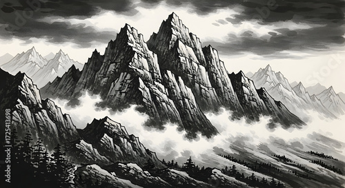 Ink Painting of Mountain Landscape