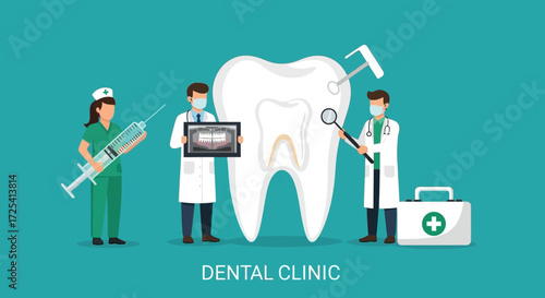 Professional Dental Clinic Team Examining a Giant Tooth