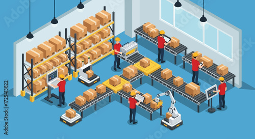 Isometric Warehouse Logistics and Automation with Workers