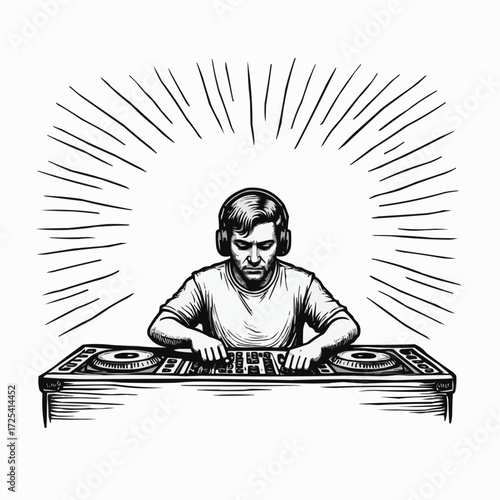 DJ playing music with headphones at a booth in sketchy doodle style  