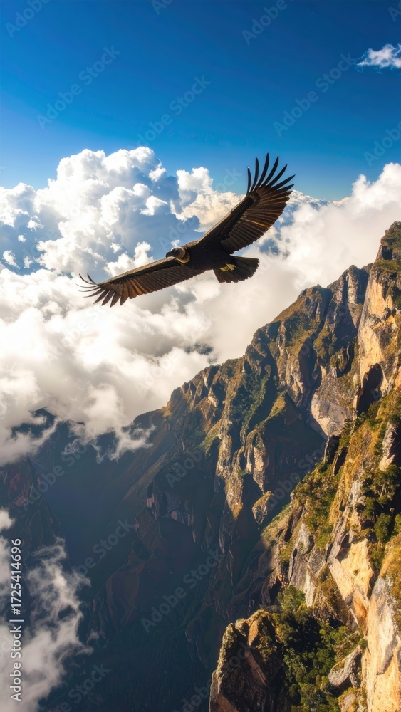 Fototapeta premium Majestic Andean Condor soars through the skies above rugged cliffs and clouds