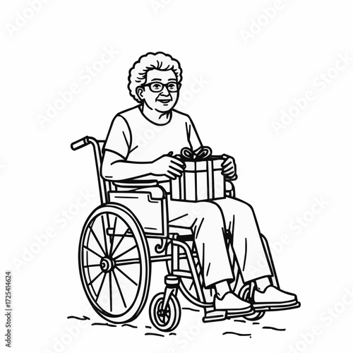 Elderly woman in wheelchair holding presents while smiling in sketch  