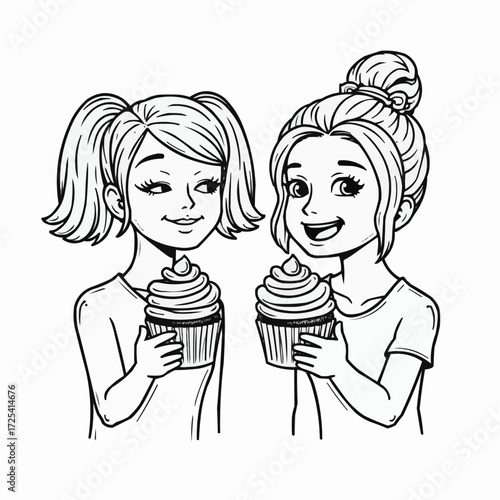 Two girls holding cupcakes in sketchy doodle style  