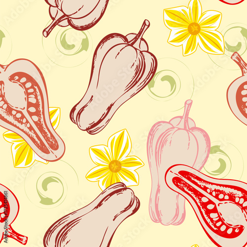 A repeating pattern of stylized bell peppers and yellow flowers