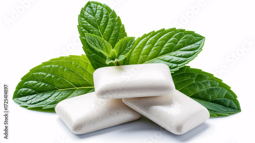 Invigorating mint gum pieces rest among fresh green mint leaves on a clean white background, promising natural freshness and a burst of cool flavor for ultimate refreshment.
