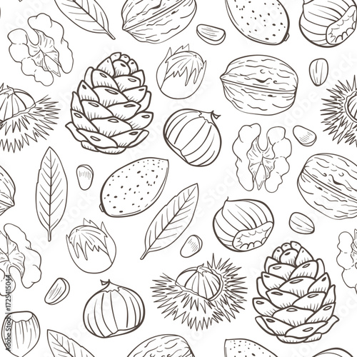 A repeating pattern of sketched nuts and leaves on a white background