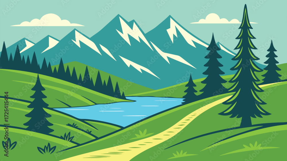 Fototapeta premium Snow capped mountains loom over a serene lake surrounded by lush green hillsides