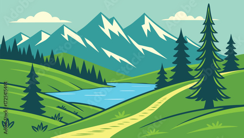 Snow capped mountains loom over a serene lake surrounded by lush green hillsides