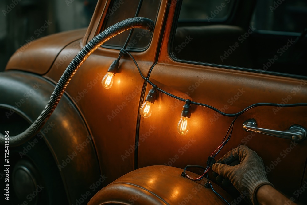 Obraz premium Adding Festive String Lights to a Vintage Orange Car for a Retro Holiday Celebration