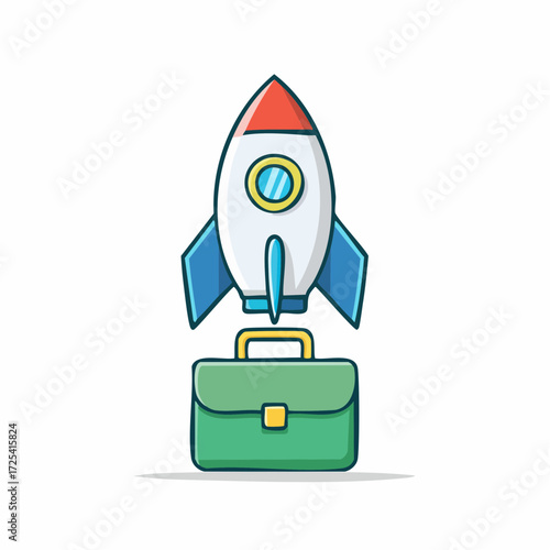 Green briefcase launching a rocket, business startup concept.