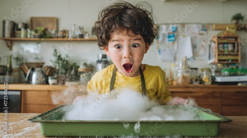 Excited child mixes vinegar and baking soda in a colorful kitchen