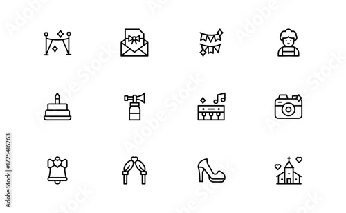 Wedding and event line icon set featuring editable, pixel-perfect symbols with professional, modern, and minimal style ideal for celebrations and planning themes.