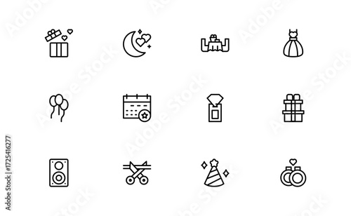 Wedding and event line icon set featuring editable, pixel-perfect symbols with professional, modern, and minimal style ideal for celebrations and planning themes.
