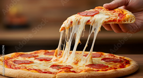A hand pulling a slice of hot, cheesy pizza, with a long cheese pull