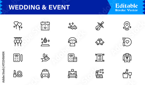 Wedding and event line icon set featuring editable, pixel-perfect symbols with professional, modern, and minimal style ideal for celebrations and planning themes.