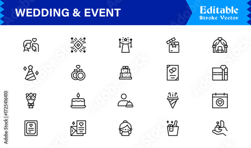 Wedding and event line icon set featuring editable, pixel-perfect symbols with professional, modern, and minimal style ideal for celebrations and planning themes.