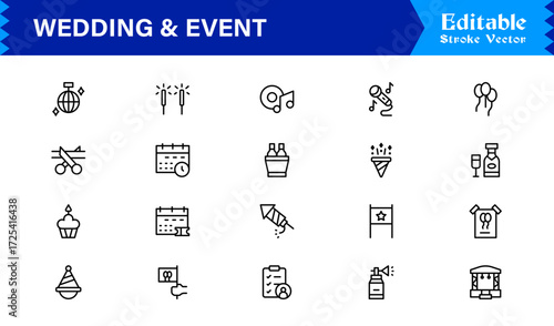 Wedding and event line icon set featuring editable, pixel-perfect symbols with professional, modern, and minimal style ideal for celebrations and planning themes.