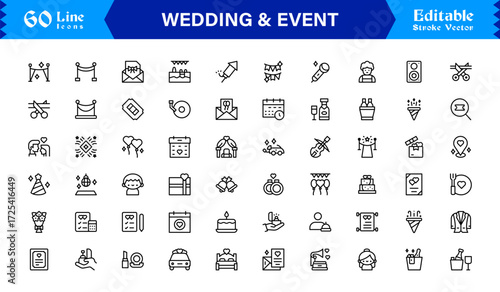 Wedding and event line icon set featuring editable, pixel-perfect symbols with professional, modern, and minimal style ideal for celebrations and planning themes.