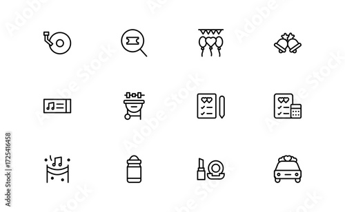 Wedding and event line icon set featuring editable, pixel-perfect symbols with professional, modern, and minimal style ideal for celebrations and planning themes.