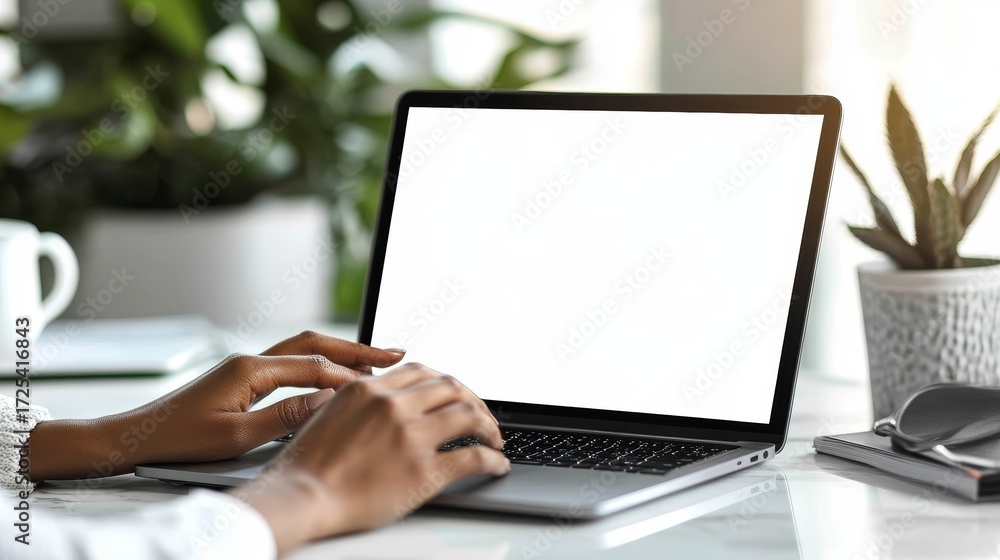 Fototapeta premium Focused female professional typing on a laptop at a modern workspace with copy space for ads