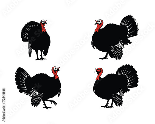 Four distinct black turkey illustrations in various poses showcasing their fanned tails and proud stances on a white background