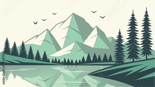Serene mountain peaks reflect in the calm lake, evergreen forest and birds overhead complete the scene