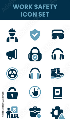 Work safety icon set. Hard hat, risk management, first aid kit, workplace security, hazard, regulation, CCTV. Solid vector icons collection.