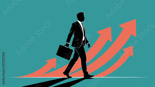 Ambitious businessman confidently walking toward success and growth, showcasing career aspirations and upward trajectory, originally a scalable vector graphic