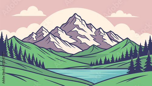 Majestic mountain range with snowcapped peaks stands above green hills and a serene lake