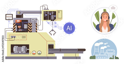 Advanced factory machine with AI interface, robotic arm, and conveyor system. Woman in headset for remote operations. Factory in background. Ideal for technology, innovation, automation, AI