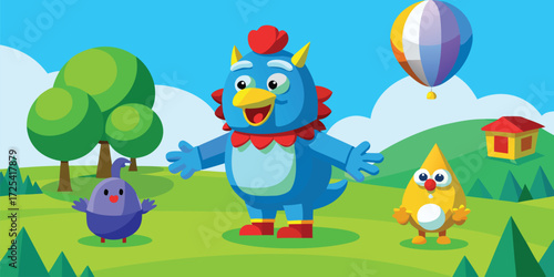 Cheerful cartoon birds and a monster with a hot air balloon and a house. Including cartoon, bird, monster, hot air balloon, house, drawing, blue, nature, kids, hills, children, outdoor illustration. 