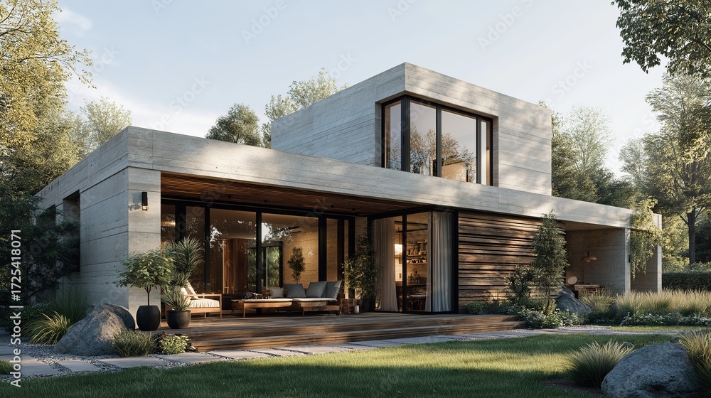 Fototapeta premium Modern Two-Story Country House with Light Gray Clay Walls & Wooden Slats – Open Terrace, Family Scene, Lush Summer Garden