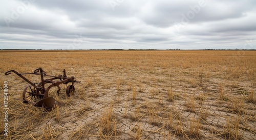 A vast, dry, fallow field with an old rusty plow in the foreground under a cloudy sky.