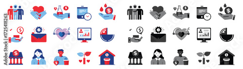 Business Finance -Charity Concepts vectors elements. Including  finance, charity, icon, icons, set, collection, symbols, money, dollar, hand, giving, donation, heart, love, care, people illustration. 