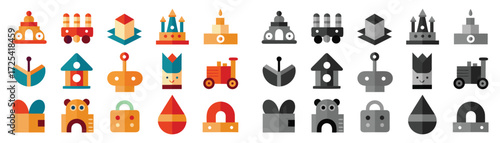 A diverse collection0 of wooden, colorful, and grayscale flat icons of toys. Collection of toys, icons, building blocks, toy, housing, comprehensive, cube, layout vector illustration. 