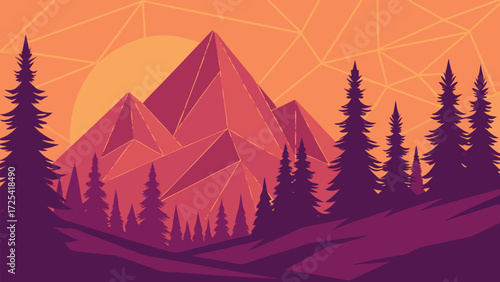 Geometric sun casts light over polygonal peaks and silhouetted conifers within a purple landscape