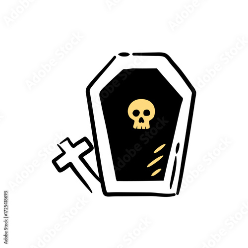 Stylized open coffin with skull and cross tombstone for a spooky Halloween season.