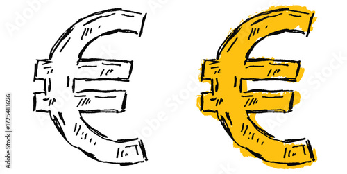 Grunge sketch hand-drawn euro currency symbol vector. Adds a raw, edgy feel to finance and business designs. Features a gritty, distressed, and artistic aesthetic.