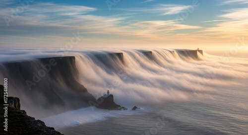 A breathtaking view shows a large, rolling mass of fog spilling over the top of a rugged cliffside, resembling a majestic waterfall under a soft, golden sky.