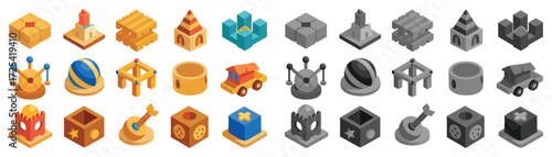 Handcrafted wooden game Icons set of Buildings and Vehicles in Color and Grayscale. Collection of   isometric, game, icon, set, machine, background, element, collection, architecture, illustration. 