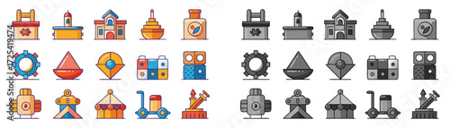 Handcrafted buildings, vehicles, and Abstract Shape. These vector pictograms of an isometric, 3d, icon, set, buildings, shapes, white, art, toys, fiction, candle, gear, abstract, tent,  illustration. 