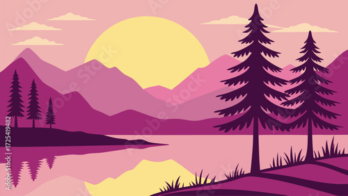 Calm lakeside landscape with sunset, mountain ranges, and tall pine trees in purple