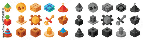 Isometric handcrafted wooden Game Icons Set. These vector pictograms of a board game, tabletop game, pieces, tokens, pawns, dice, cubes, cones, spheres, blocks, abstract illustration. 