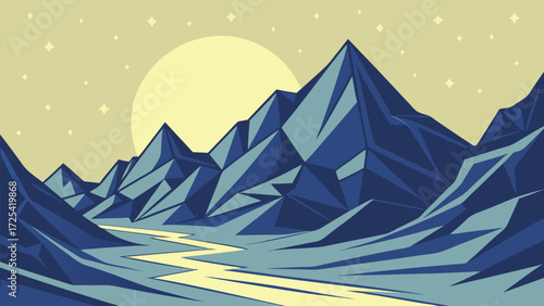Majestic blue mountains rise under a starlit sky, with a river gently flowing through