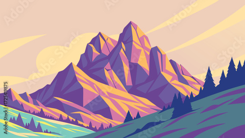 Vibrant pastel color palette reveals majestic mountain landscape with geometric shapes and tree silhouettes