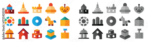 Handcrafted wooden gray and colorful toy set. These vector pictograms of a toy, icon, cube, cylinder, houses, box, rocket, icons, pyramid, apple, and building illustration. 