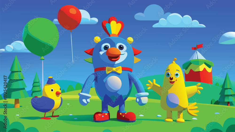 Naklejka premium Balloons and a circus tent. cartoon in a landscape. These vector pictograms of characters, birds, monsters, and balloons, outdoor, tent illustration.