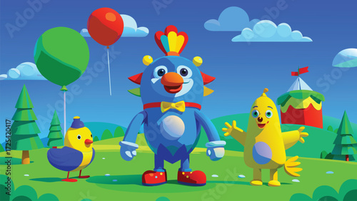 Balloons and a circus tent. cartoon in a landscape. These vector pictograms of characters, birds, monsters, and balloons, outdoor, tent illustration.