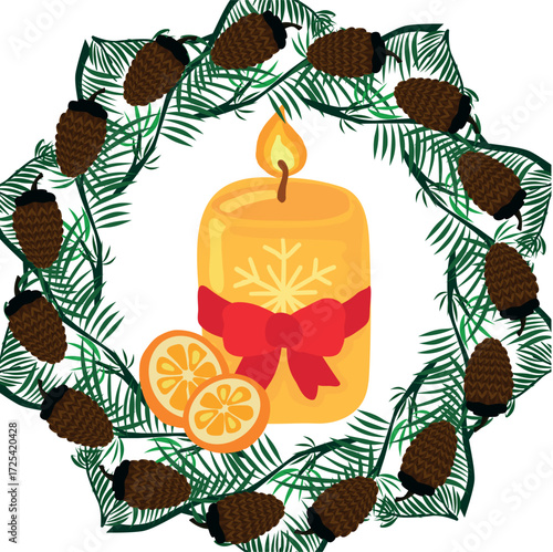 A round frame made of spruce twigs and cones on a white background vector drawing. In the center is a scented candle with orange slices. The Christmas story.